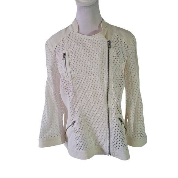 Chico's Size 2 US L Diamond Mesh Moto Jacket White Layer Mature Office Zipper - Picture 1 of 10